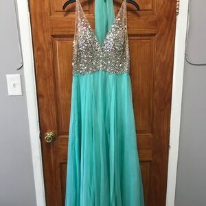 Elegant Sequin Halter Prom Dress - Aqua